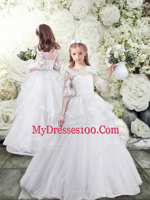 White Sweet 16 Quinceanera Dress Tulle Sweep Train Half Sleeves Lace and Ruffles