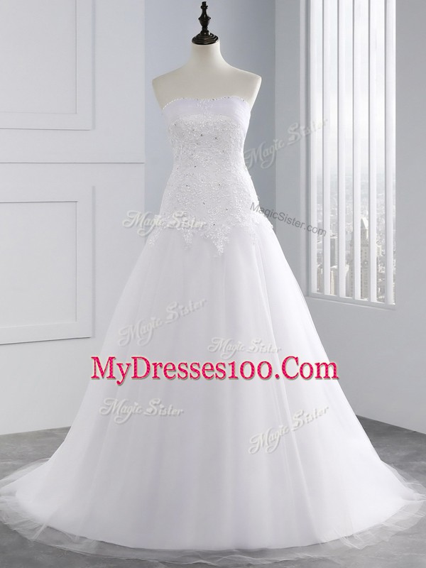 High End Sleeveless Tulle Brush Train Lace Up Wedding Dress in White with Beading and Appliques