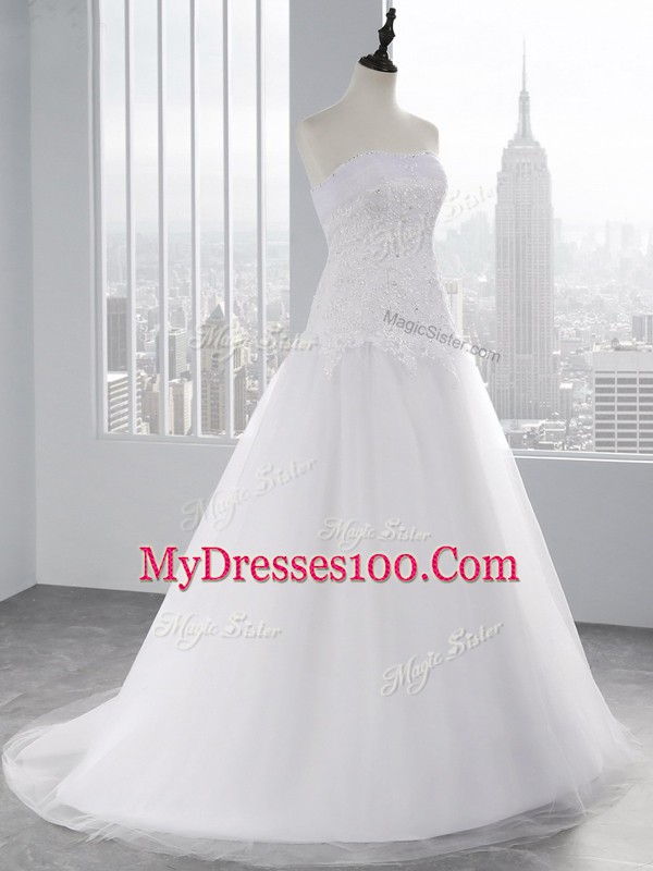 High End Sleeveless Tulle Brush Train Lace Up Wedding Dress in White with Beading and Appliques