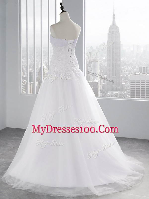 High End Sleeveless Tulle Brush Train Lace Up Wedding Dress in White with Beading and Appliques