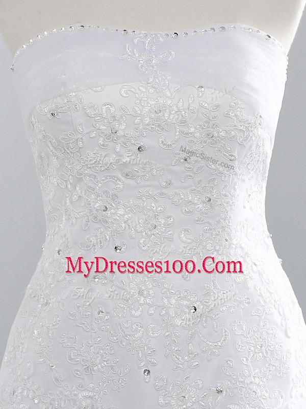 High End Sleeveless Tulle Brush Train Lace Up Wedding Dress in White with Beading and Appliques
