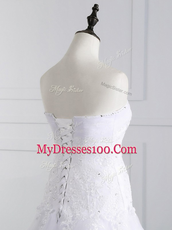 High End Sleeveless Tulle Brush Train Lace Up Wedding Dress in White with Beading and Appliques