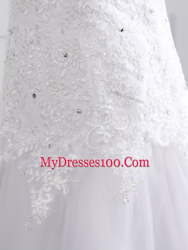 High End Sleeveless Tulle Brush Train Lace Up Wedding Dress in White with Beading and Appliques