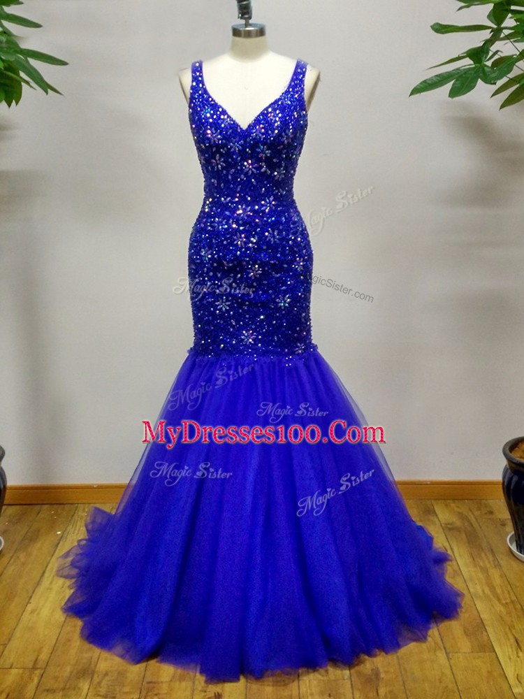 Sleeveless Brush Train Criss Cross Beading Prom Gown