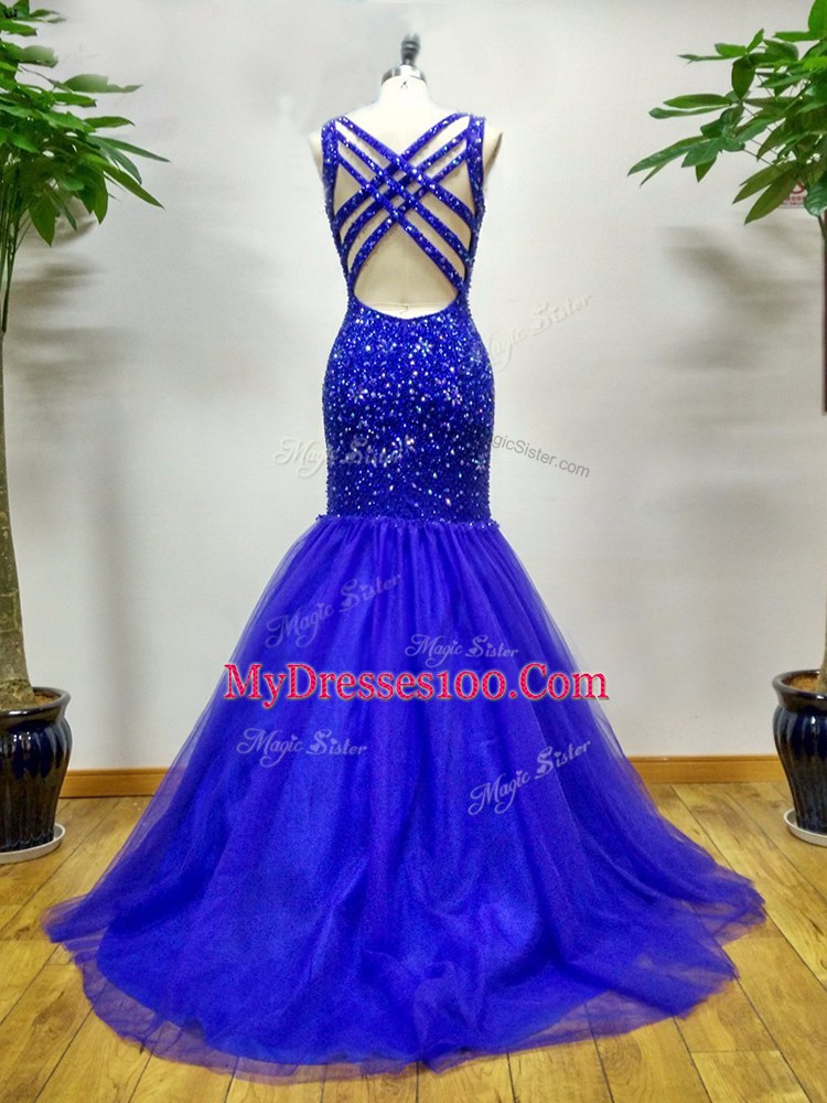 Sleeveless Brush Train Criss Cross Beading Prom Gown