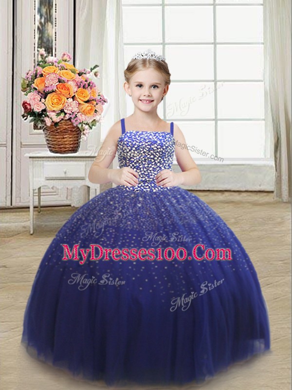 Cute Royal Blue Straps Neckline Beading Little Girl Pageant Gowns Sleeveless Lace Up