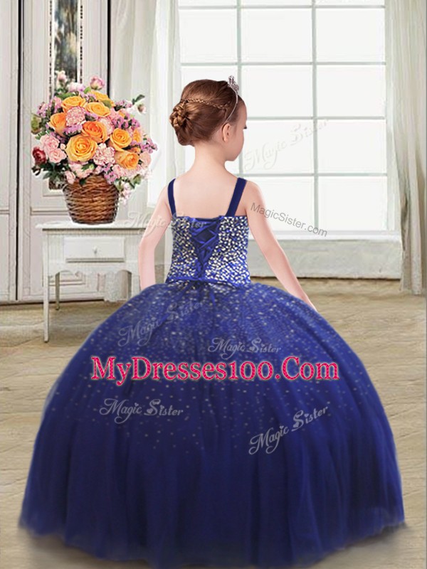 Cute Royal Blue Straps Neckline Beading Little Girl Pageant Gowns Sleeveless Lace Up