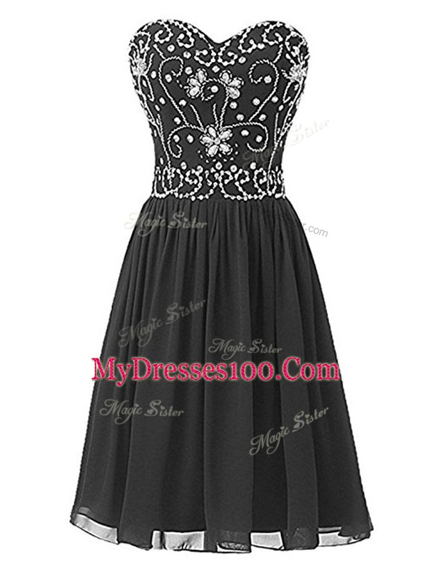 Black Sleeveless Knee Length Beading Lace Up Dress for Prom