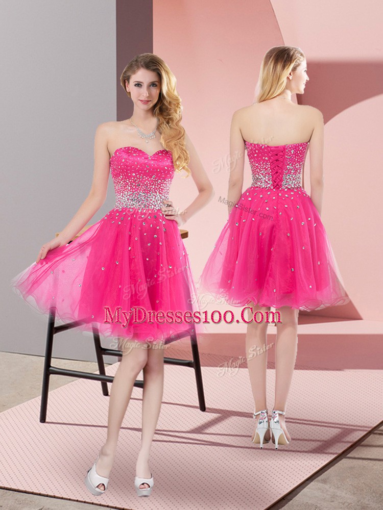 Pretty Hot Pink Tulle Lace Up Sweetheart Sleeveless Mini Length Homecoming Dresses Beading