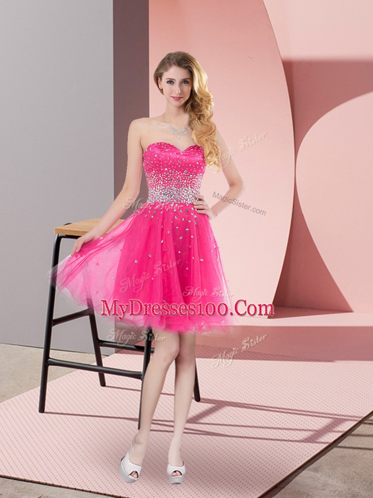 Pretty Hot Pink Tulle Lace Up Sweetheart Sleeveless Mini Length Homecoming Dresses Beading