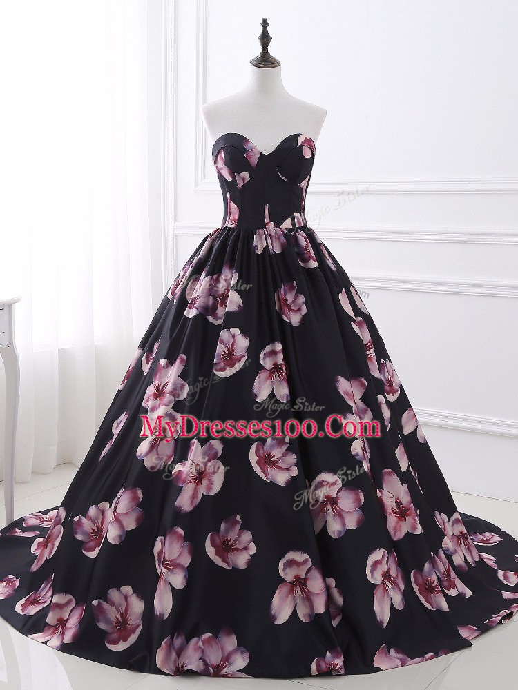 Graceful Multi-color Printed Lace Up Sweetheart Sleeveless Brush Train Ruching