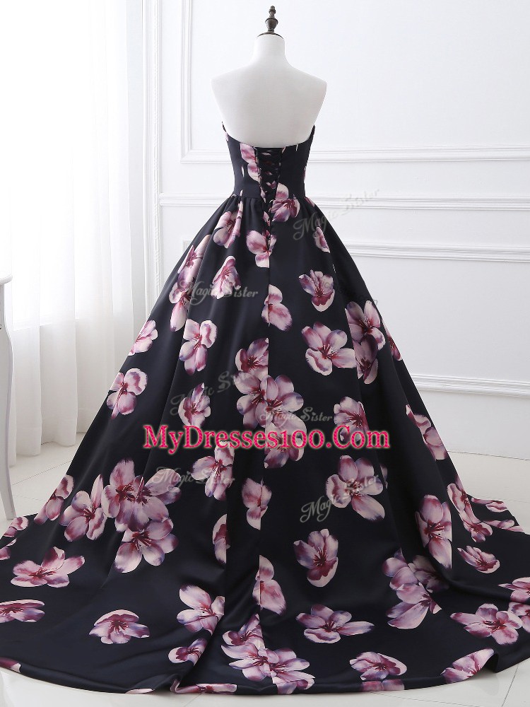 Graceful Multi-color Printed Lace Up Sweetheart Sleeveless Brush Train Ruching