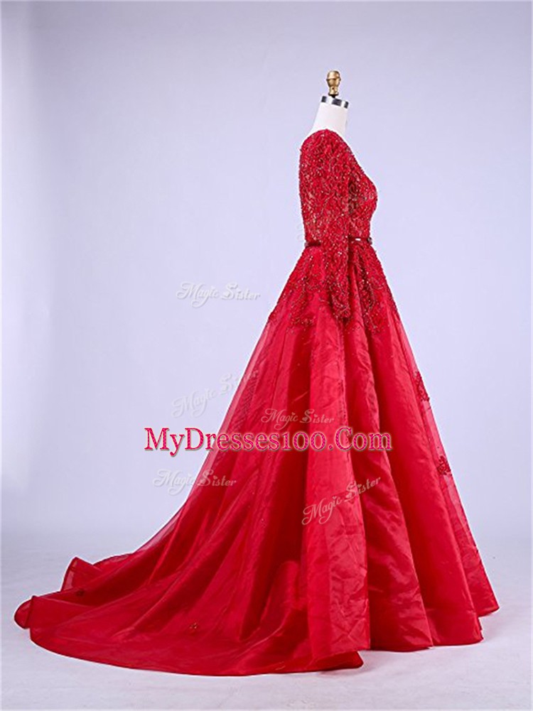 Charming Zipper Homecoming Gowns Red for Prom and Party with Beading and Lace Brush Train