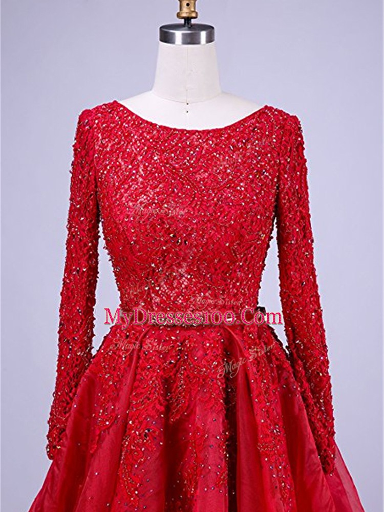 Charming Zipper Homecoming Gowns Red for Prom and Party with Beading and Lace Brush Train
