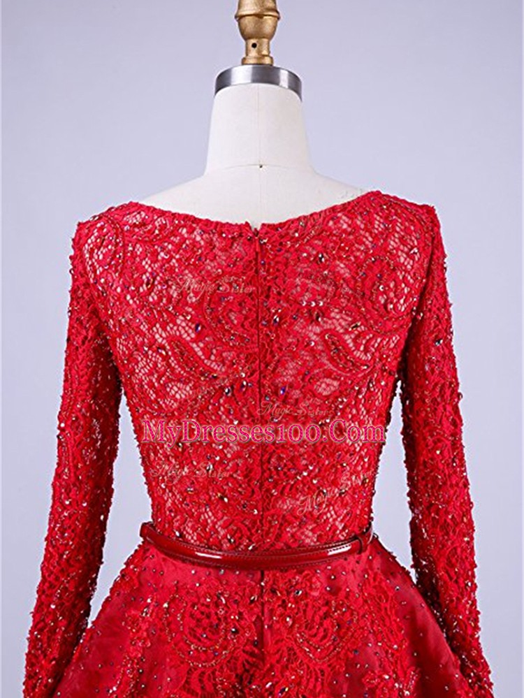 Charming Zipper Homecoming Gowns Red for Prom and Party with Beading and Lace Brush Train
