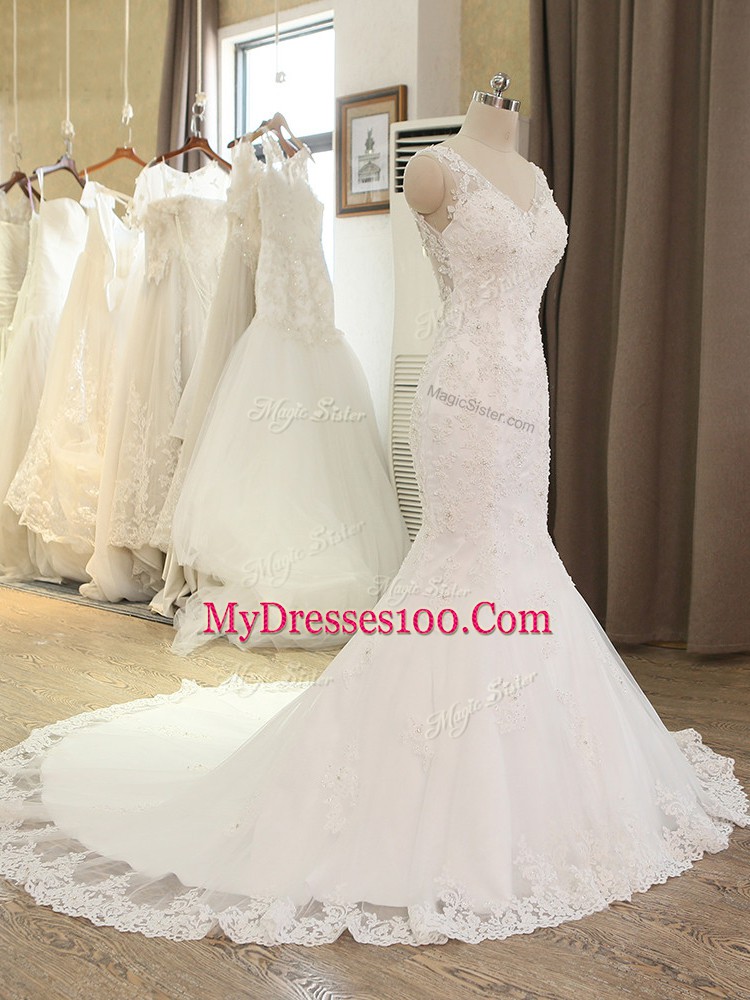 Superior V-neck Sleeveless Wedding Gowns Brush Train Beading and Lace and Appliques White Tulle