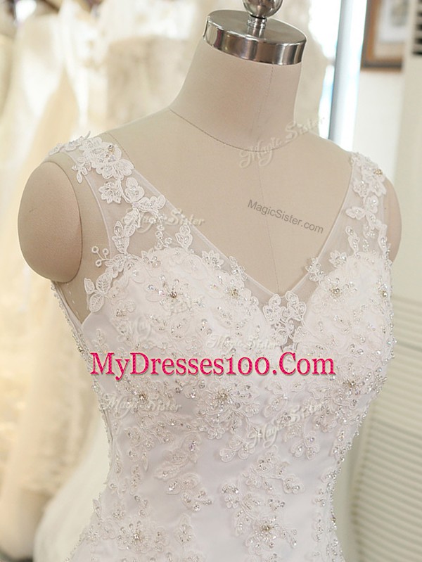 Superior V-neck Sleeveless Wedding Gowns Brush Train Beading and Lace and Appliques White Tulle