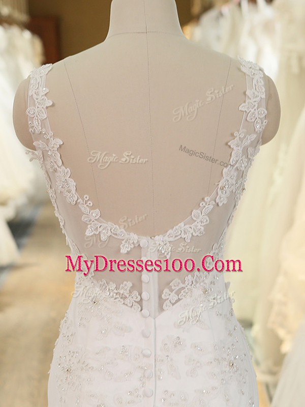 Superior V-neck Sleeveless Wedding Gowns Brush Train Beading and Lace and Appliques White Tulle