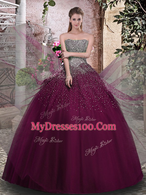 Floor Length Lace Up Vestidos de Quinceanera Purple for Military Ball and Sweet 16 and Quinceanera with Beading