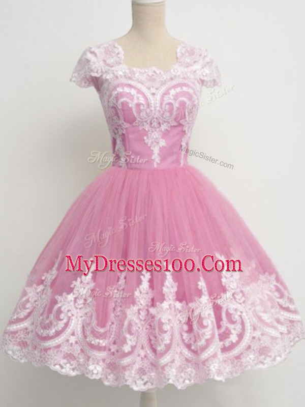 Deluxe Cap Sleeves Zipper Knee Length Lace Bridesmaid Dress