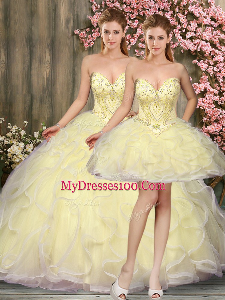 Cute Sweetheart Sleeveless Tulle Vestidos de Quinceanera Beading and Ruffles Lace Up