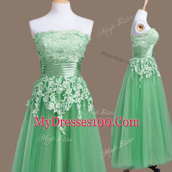 Appliques Wedding Party Dress Green Lace Up Sleeveless Tea Length