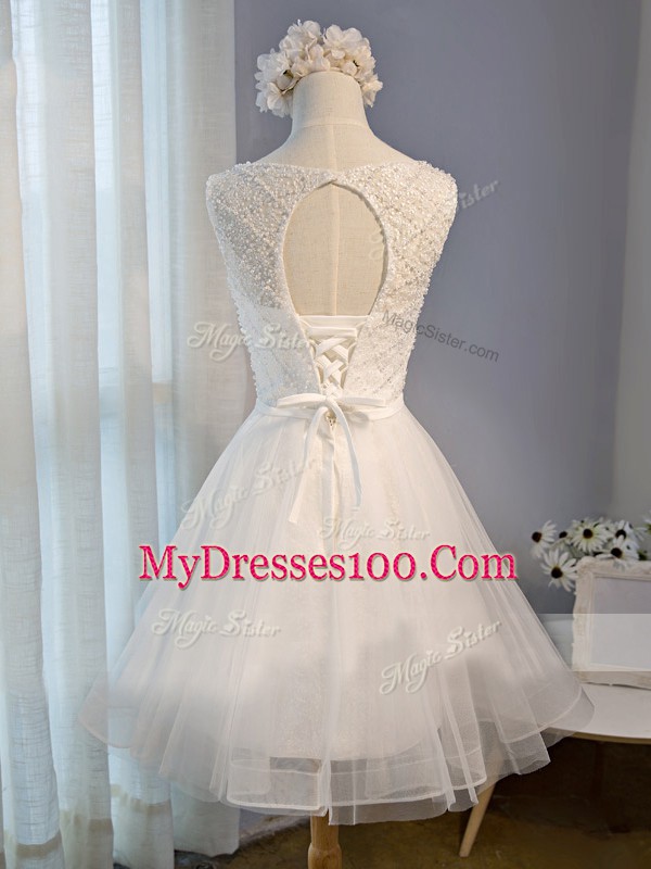 Beading Prom Dresses White Lace Up Sleeveless Mini Length