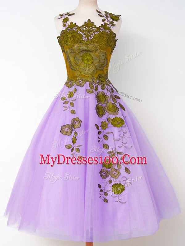 Wonderful Knee Length Lavender Vestidos de Damas Tulle Sleeveless Appliques