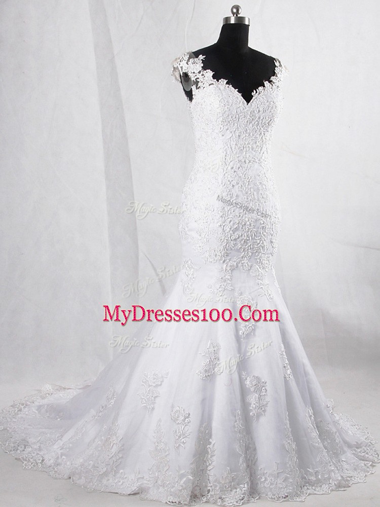 Elegant Brush Train Mermaid Wedding Gowns White V-neck Tulle Sleeveless Clasp Handle