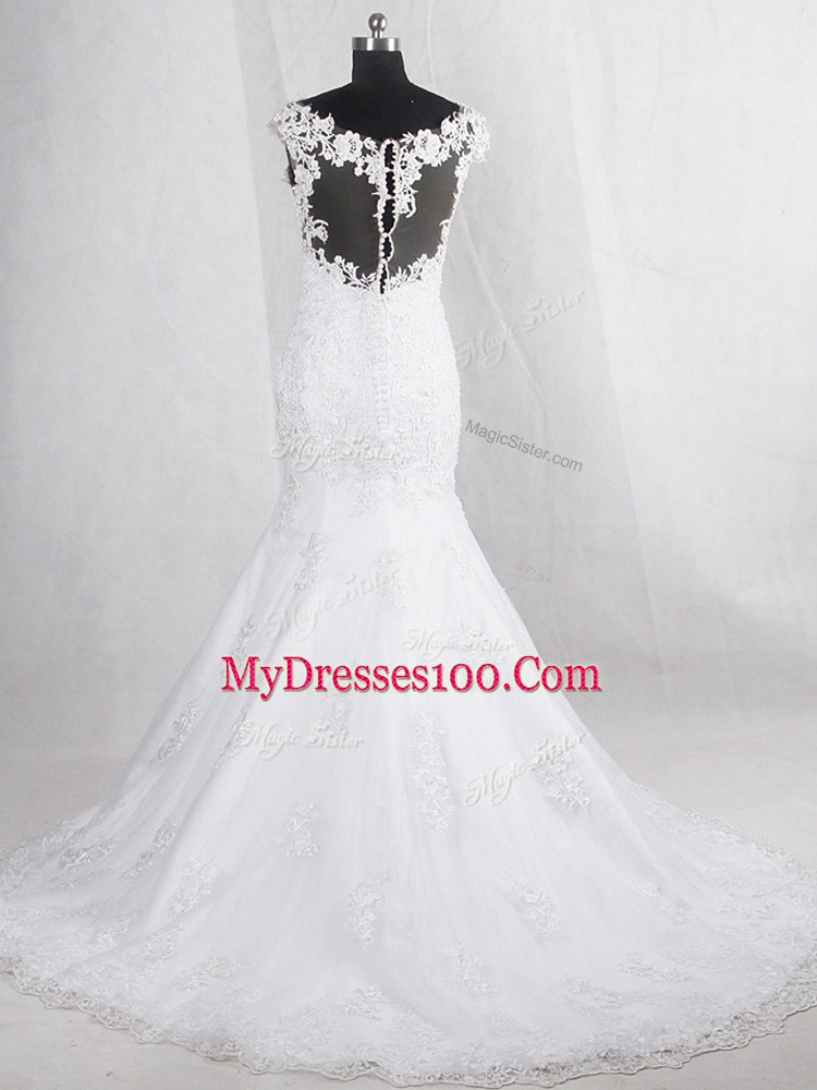 Elegant Brush Train Mermaid Wedding Gowns White V-neck Tulle Sleeveless Clasp Handle