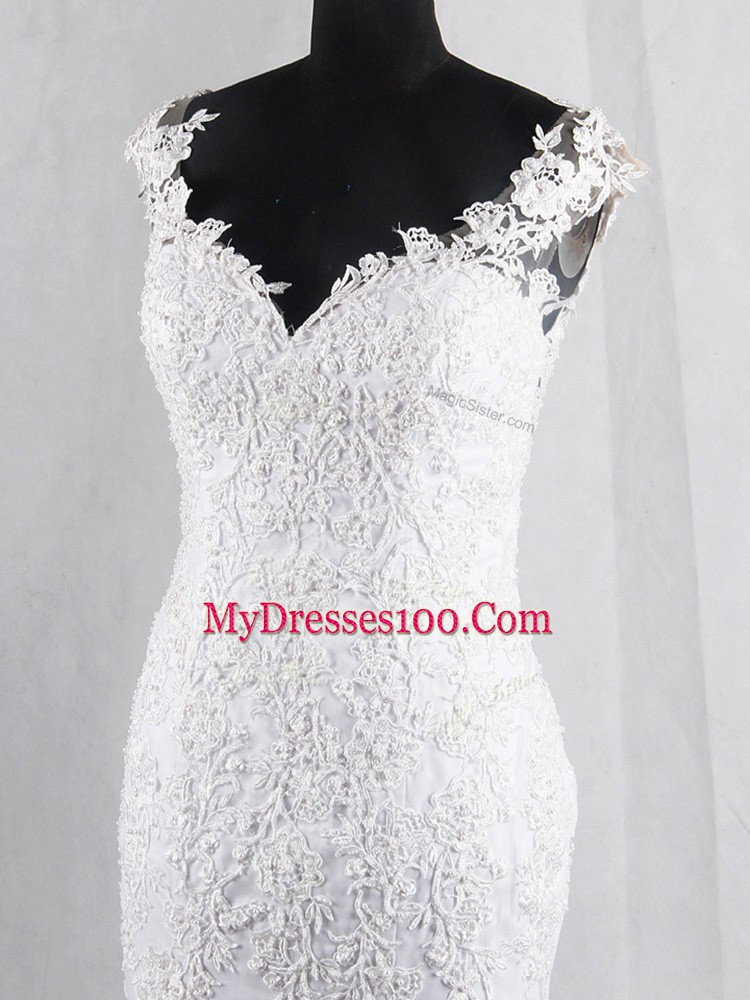 Elegant Brush Train Mermaid Wedding Gowns White V-neck Tulle Sleeveless Clasp Handle