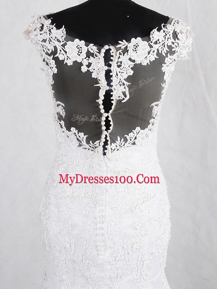 Elegant Brush Train Mermaid Wedding Gowns White V-neck Tulle Sleeveless Clasp Handle