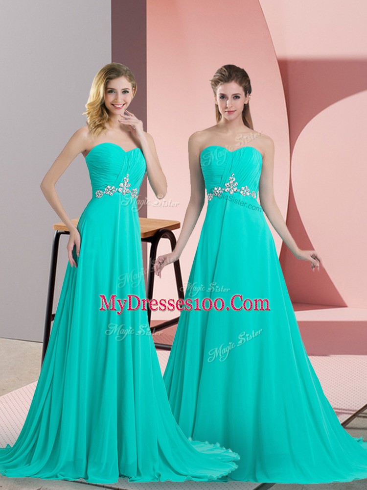 Superior Turquoise Empire Chiffon Sweetheart Sleeveless Beading Lace Up Prom Dresses Brush Train