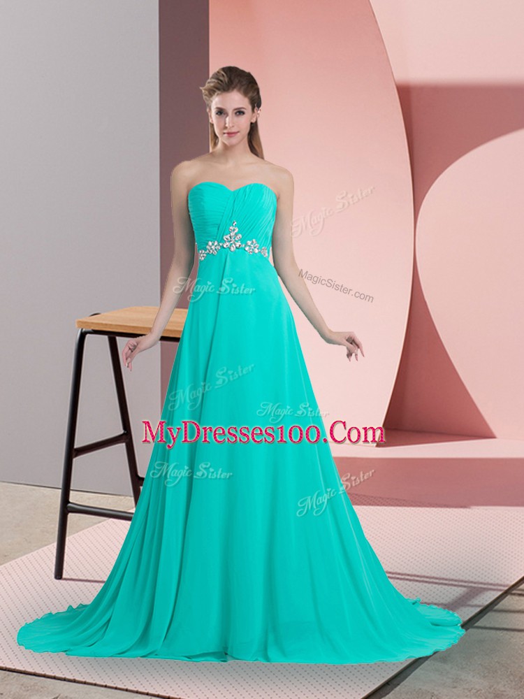 Superior Turquoise Empire Chiffon Sweetheart Sleeveless Beading Lace Up Prom Dresses Brush Train