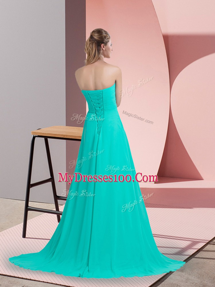 Superior Turquoise Empire Chiffon Sweetheart Sleeveless Beading Lace Up Prom Dresses Brush Train