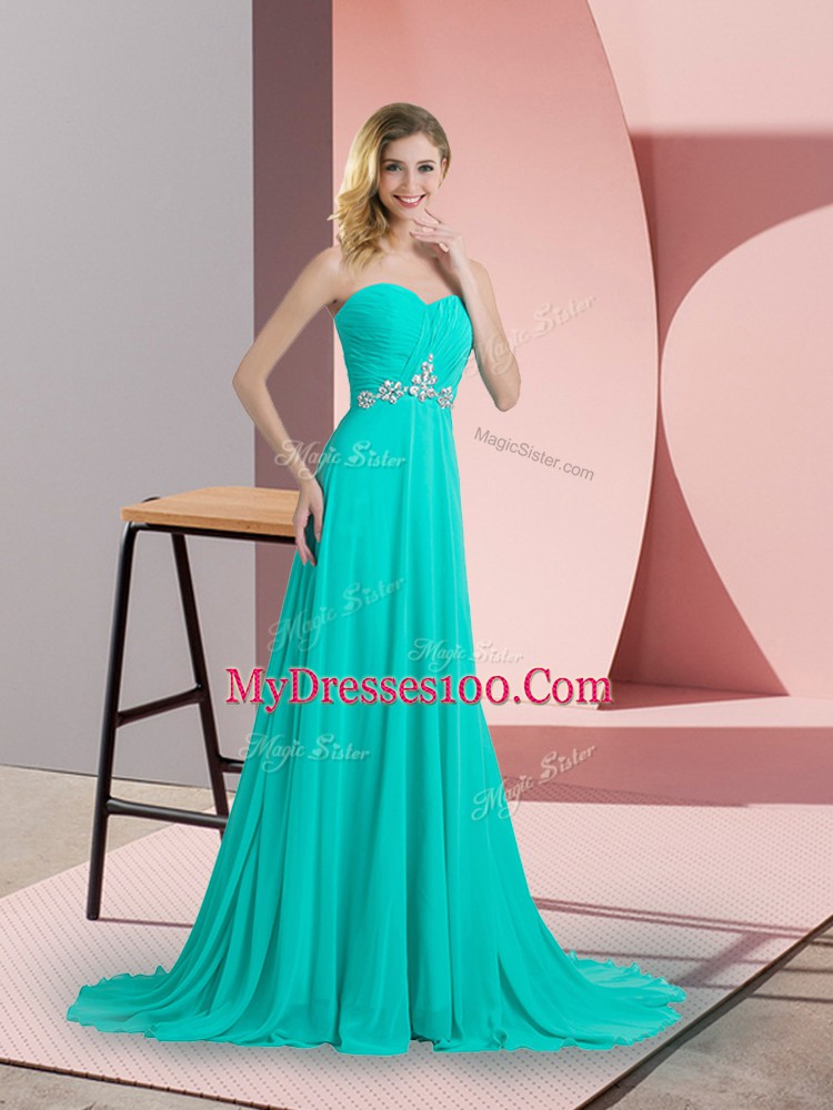 Superior Turquoise Empire Chiffon Sweetheart Sleeveless Beading Lace Up Prom Dresses Brush Train