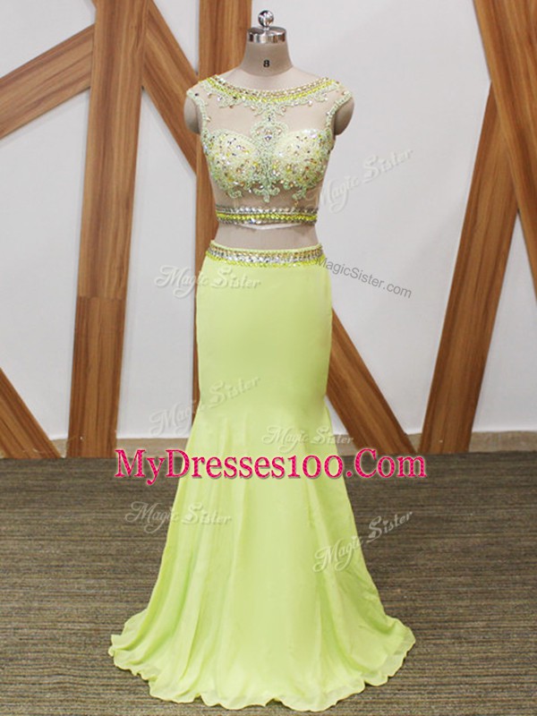 Custom Designed Yellow Green Zipper Scoop Beading and Lace and Appliques Chiffon Sleeveless