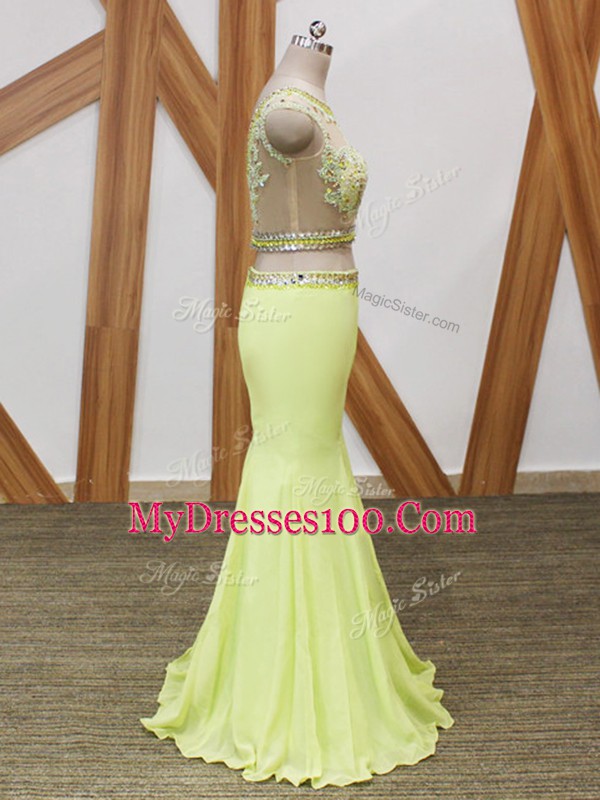 Custom Designed Yellow Green Zipper Scoop Beading and Lace and Appliques Chiffon Sleeveless