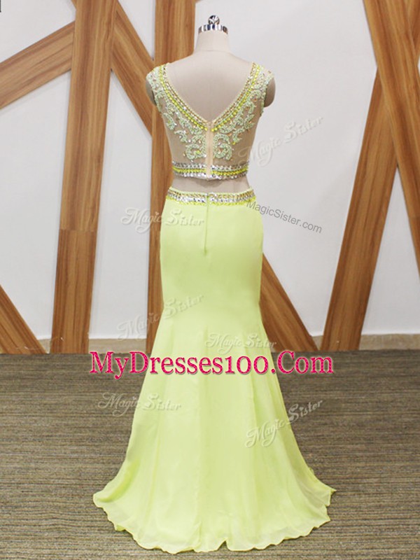Custom Designed Yellow Green Zipper Scoop Beading and Lace and Appliques Chiffon Sleeveless