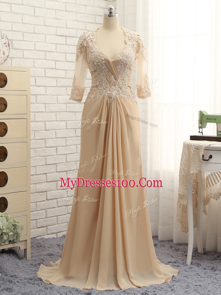 Chiffon Long Sleeves Mother Of The Bride Dress Brush Train and Beading and Lace and Appliques