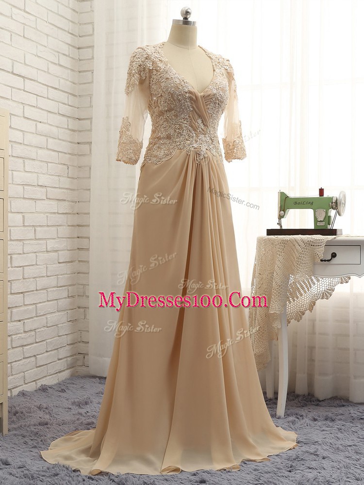 Chiffon Long Sleeves Mother Of The Bride Dress Brush Train and Beading and Lace and Appliques