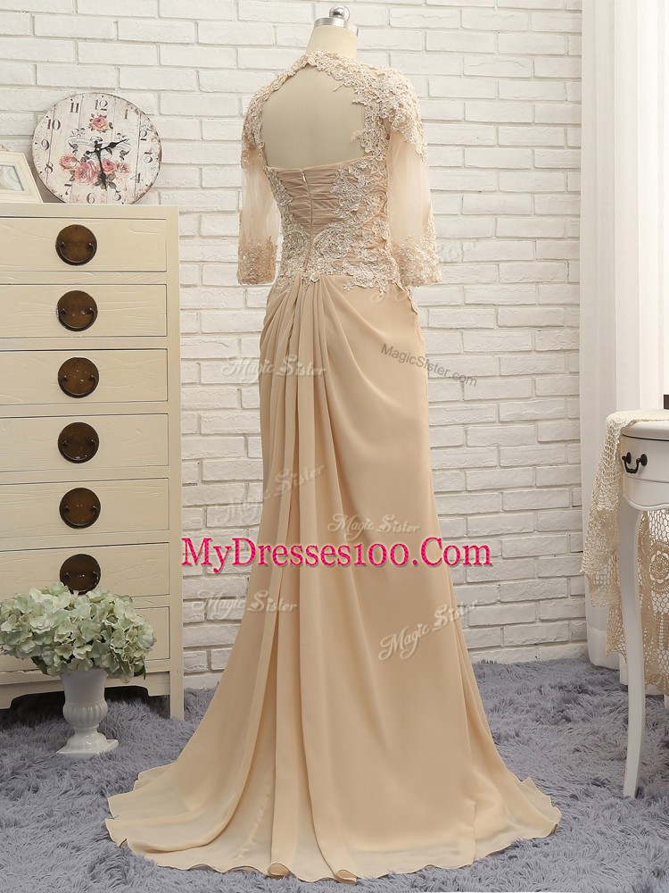 Chiffon Long Sleeves Mother Of The Bride Dress Brush Train and Beading and Lace and Appliques