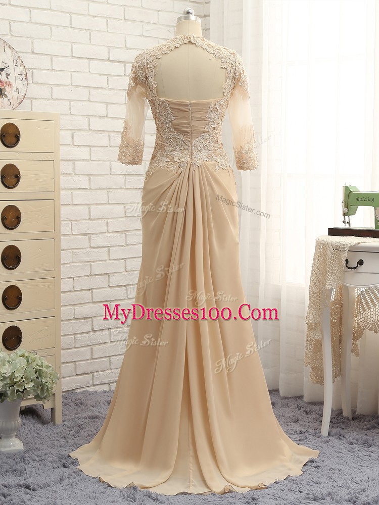 Chiffon Long Sleeves Mother Of The Bride Dress Brush Train and Beading and Lace and Appliques