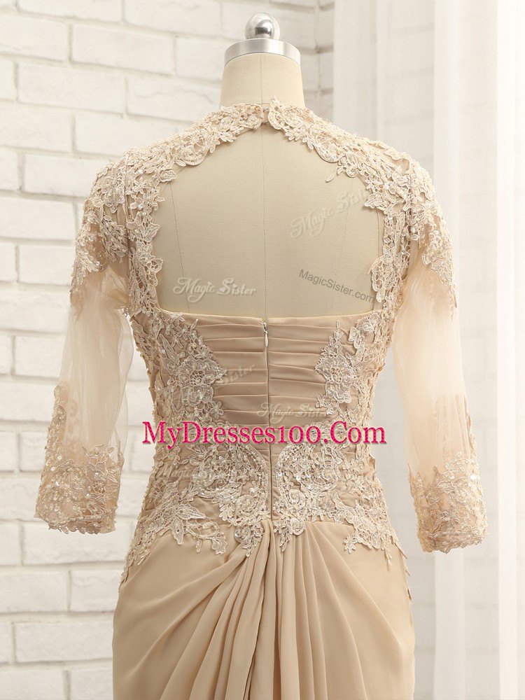Chiffon Long Sleeves Mother Of The Bride Dress Brush Train and Beading and Lace and Appliques
