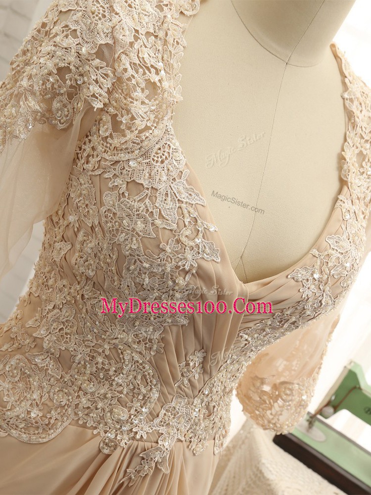 Chiffon Long Sleeves Mother Of The Bride Dress Brush Train and Beading and Lace and Appliques