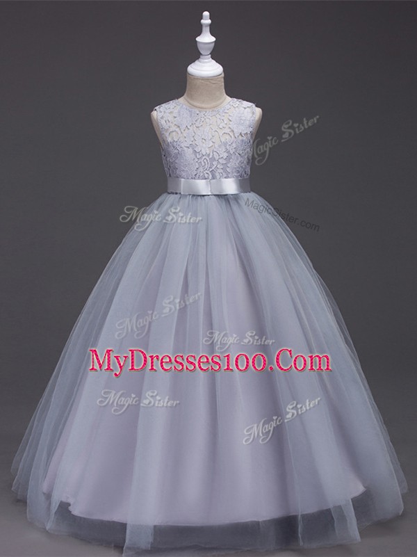 Fabulous Grey A-line Scoop Sleeveless Tulle Floor Length Zipper Lace Flower Girl Dresses for Less
