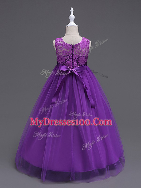 Fabulous Grey A-line Scoop Sleeveless Tulle Floor Length Zipper Lace Flower Girl Dresses for Less