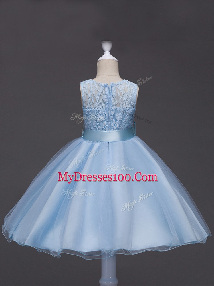 Light Blue Ball Gowns Scoop Sleeveless Tulle Knee Length Zipper Lace and Belt Flower Girl Dresses
