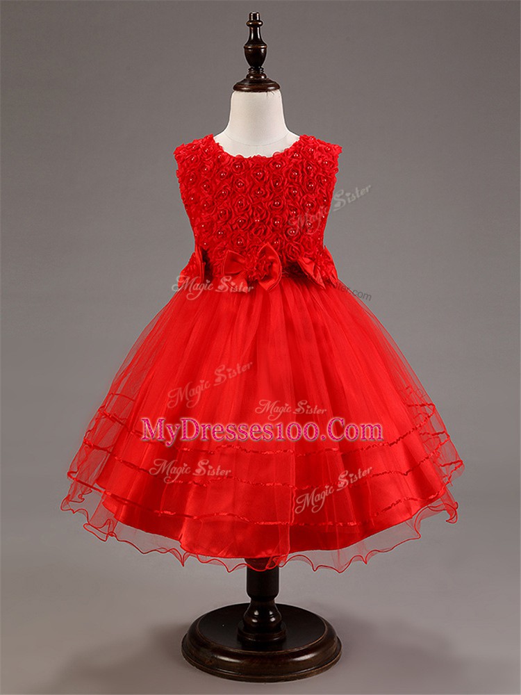 Knee Length Red Child Pageant Dress Scoop Sleeveless Zipper