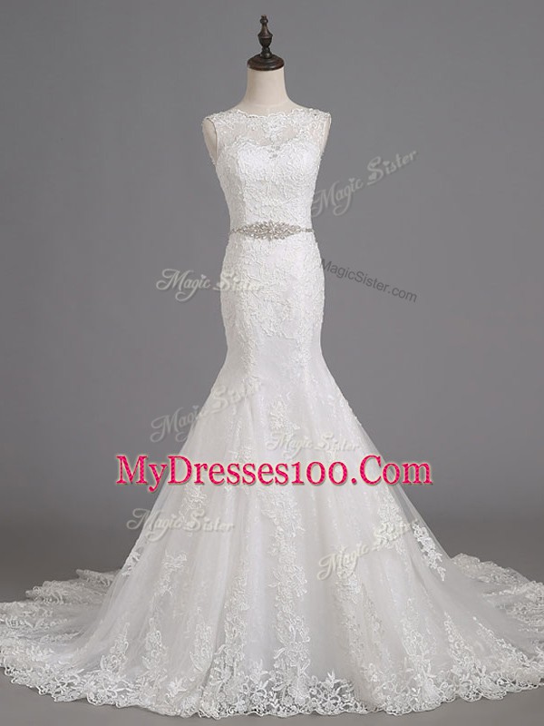 Sleeveless Beading and Lace Lace Up Wedding Dress with White Brush Train